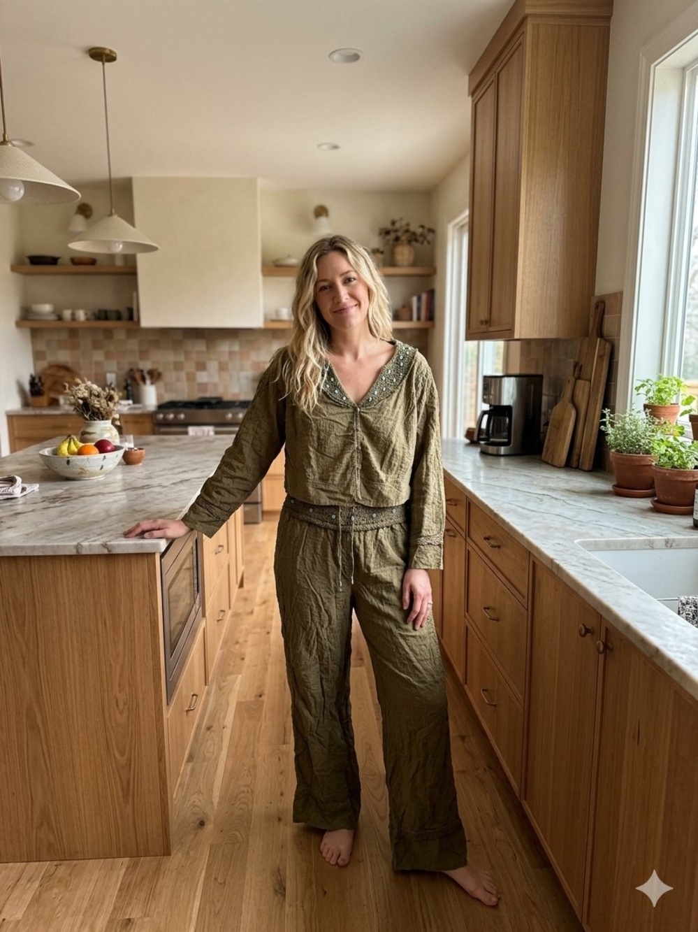 Free People Olive Green Embellished Two-Piece Pajama Set